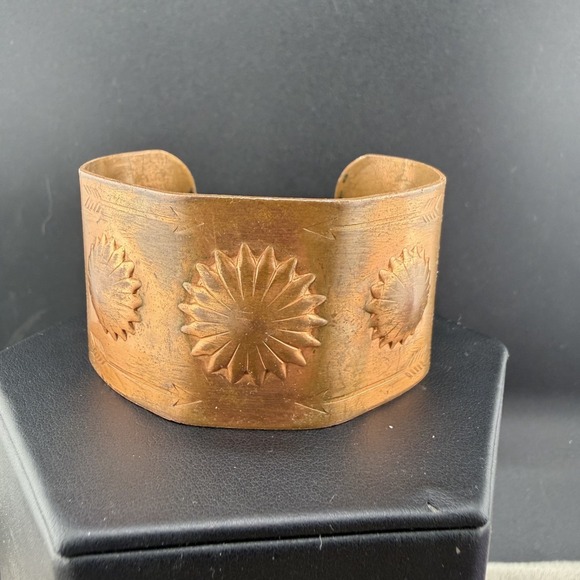 Estate Jewelry - Vintage Copper Cuff Bracelet Stamped Sun Wide 7"